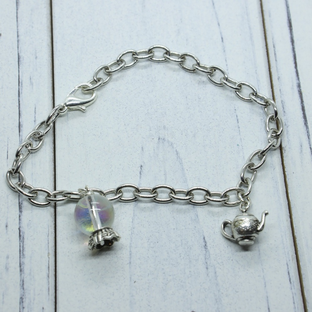 Silver tone Charm Bracelet with silver plated Teapot and Crystal Ball Bead